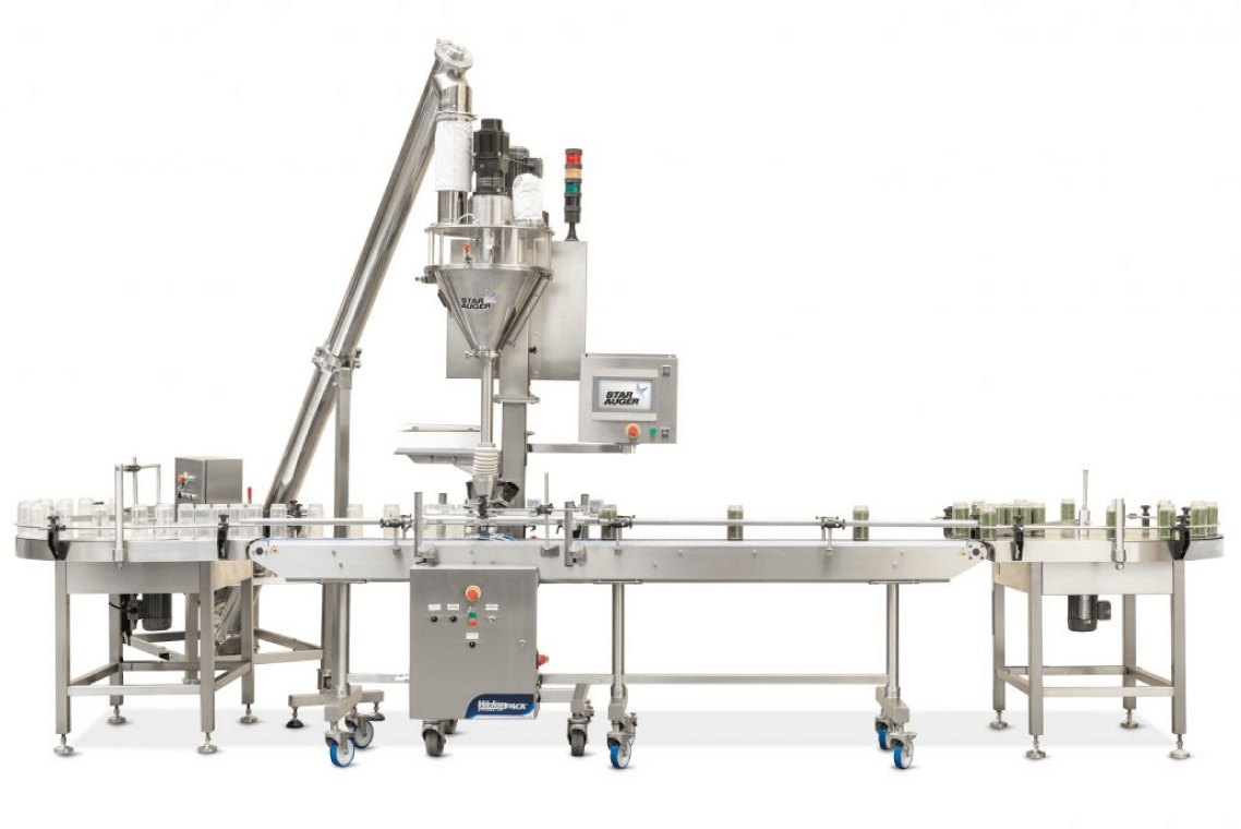 Horizontal container filling and weighing packaging machine